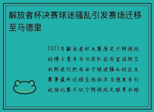 解放者杯决赛球迷骚乱引发赛场迁移至马德里