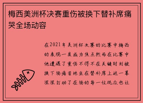 梅西美洲杯决赛重伤被换下替补席痛哭全场动容